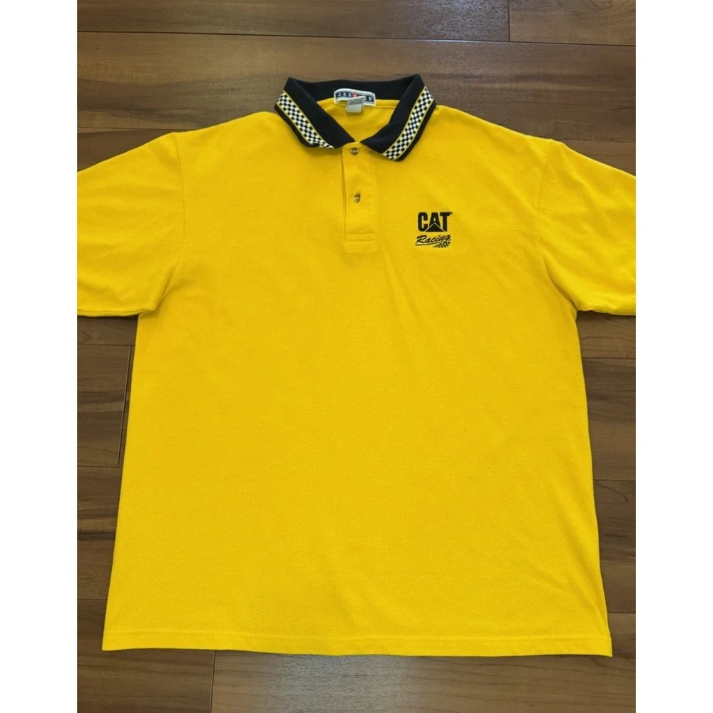 Vintage CAT Racing Polo Shirt Jerzees Yellow Checkered Burton 22 USA Men's Large